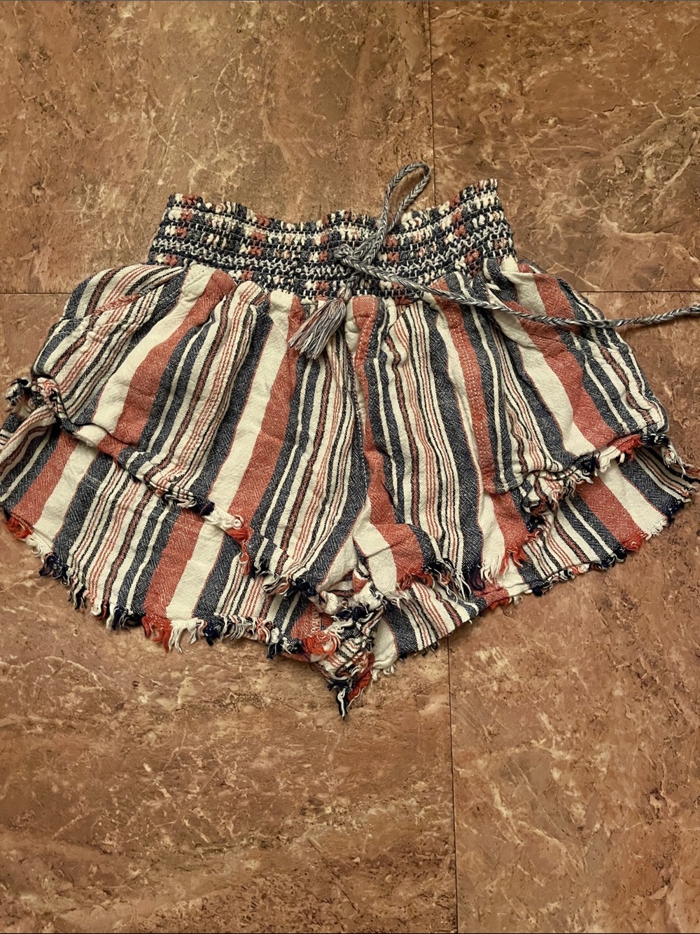 Rewash Striped Smocked-Waist Ruffle Hem Shorts in Rust, Navy & Cream